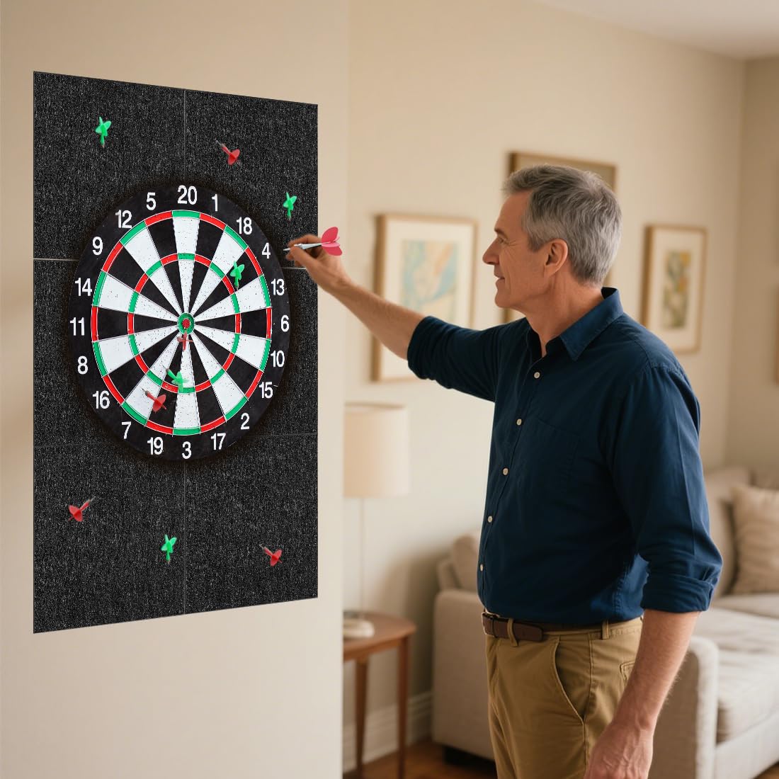 Yuragim Dart, protezione da parete in feltro, 6 pezzi, protezione da parete per freccette, autoadesiva, 30 x 30 cm, bordo da parete per bersaglio, piastrelle in feltro, retro in sughero, bersaglio per