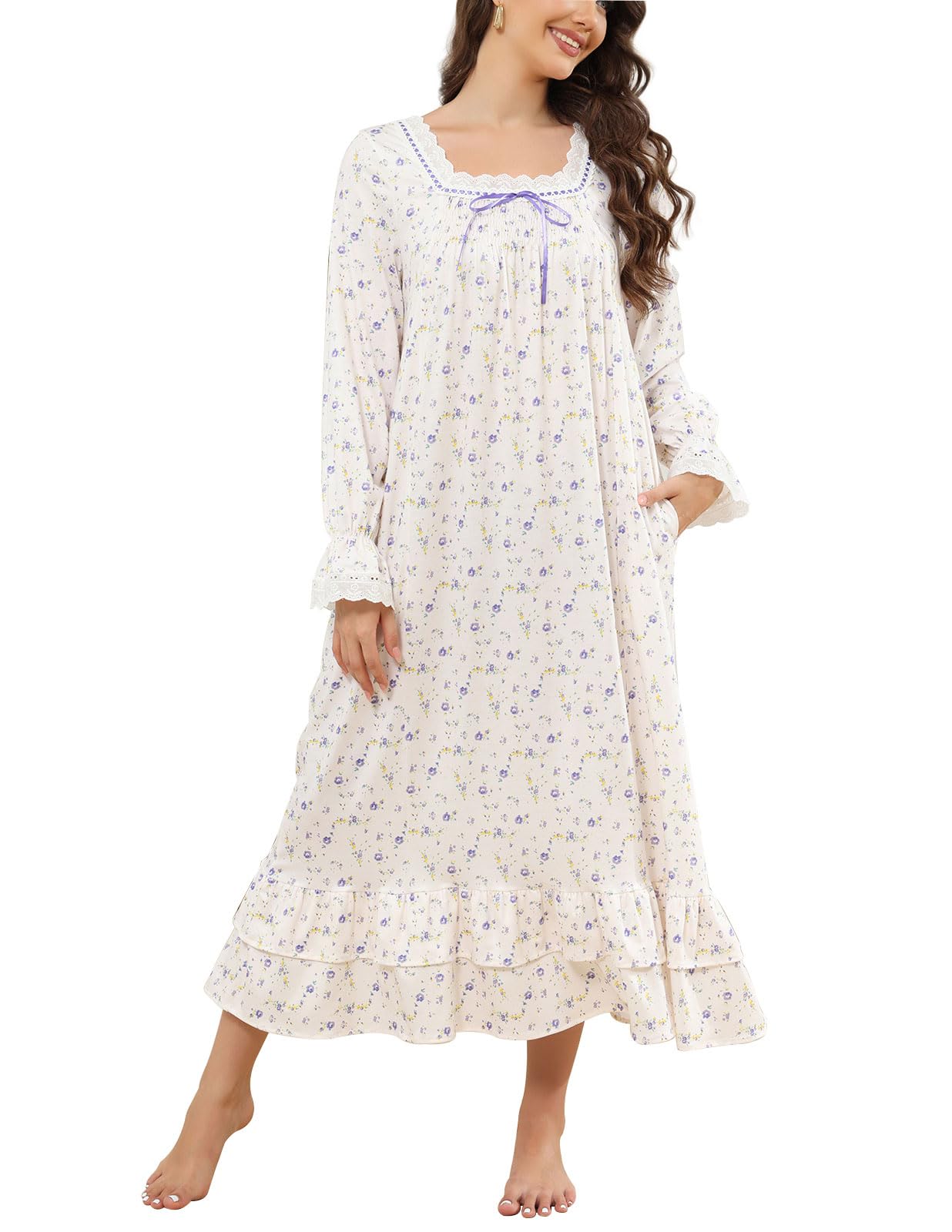 Rubehoow Camisón victoriano para mujer, vestido de pijama de manga larga, vestido de pijama de algodón suave, ropa de dormir S-3XL