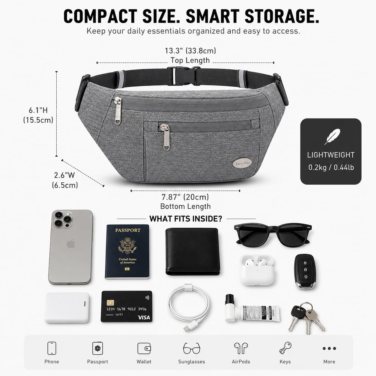 Entchin Torba na ramię unisex, torba na ramię, 4 kieszenie zapinane na zamek błyskawiczny, regulowany rozmiar, niezbędna podczas spacerów, podróży i jazdy na rowerze, Szary, medium, Torba bananowa