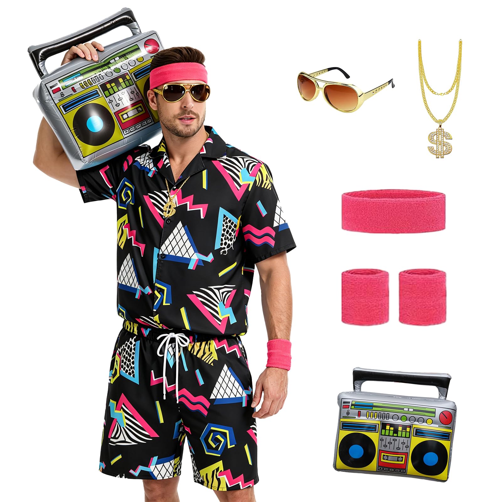LYBOHO 80s 90s Fancy Dress Men,1980s Outfits-Short Sleeve Jacket & Shorts Set - Costume for Halloween,Carnival & Retro Parties (Black-Button, L)