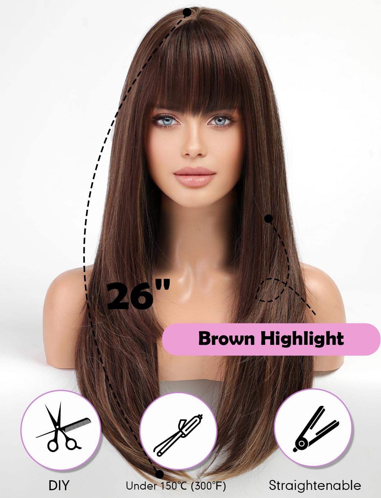 WOKESTAR Brown Wigs for Women Layered Straight Long Wig with Fringe, Brown Highlight, 26 inch - Image 3