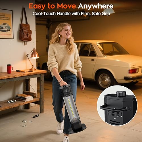 Miniatura 7 de Calentador eléctrico para patio al aire libre, calentador de torre infrarrojo de 27 pulgadas con calefacción instantánea de 1200 W, impermeable