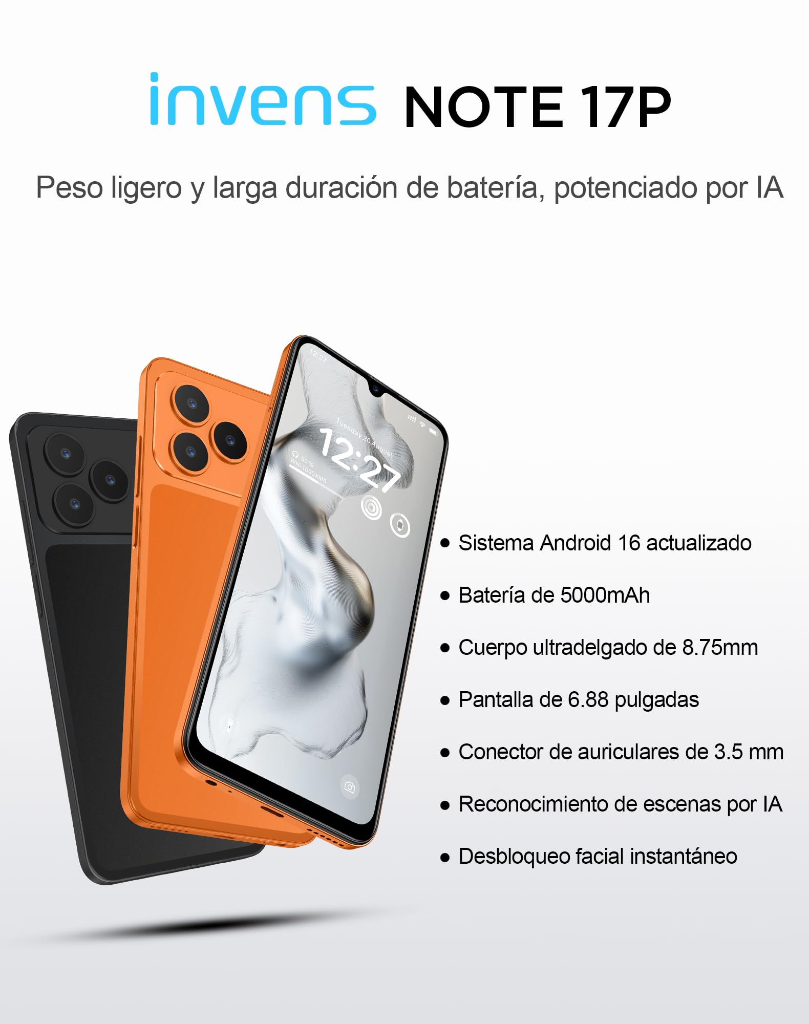 invens Note 17P Smartphone Android 16 Teléfono, Moviles Baratos 20GB+64GB/256GB Ampliable, Teléfono Móvil Libres 6,88", Telefono Octa-Core, 4G Dual SIM, 16+8MP, Face ID/OTG/GPS, Negro
