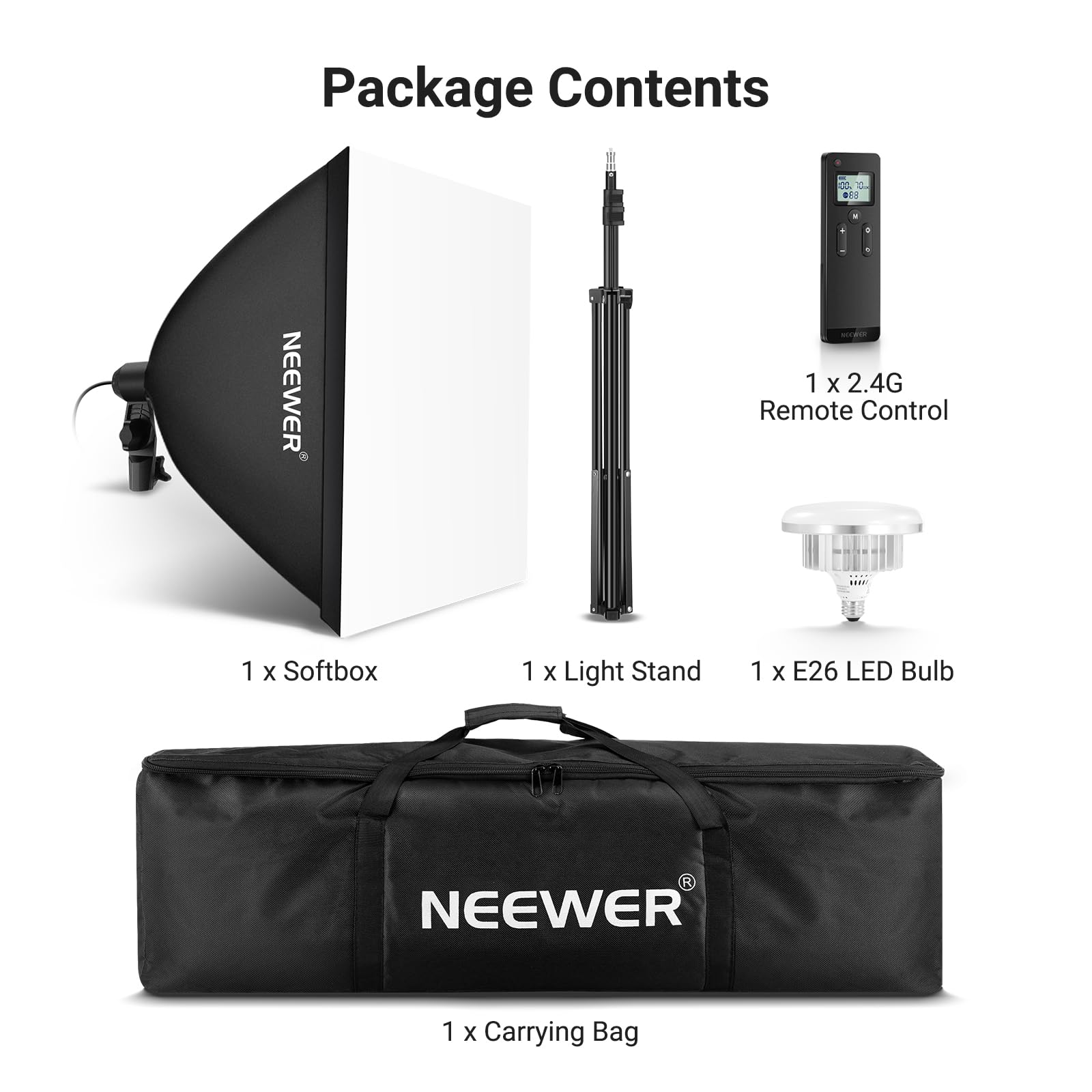NEEWER Kit di illuminazione Softbox equivalente da 61 x 61 cm, 450 W, con supporto per treppiede, lampadina LED bicolore da 45 W 2,4 G, telecomando, 10 canali 2900K-7000K 1400lx/1 m CRI95 Studio