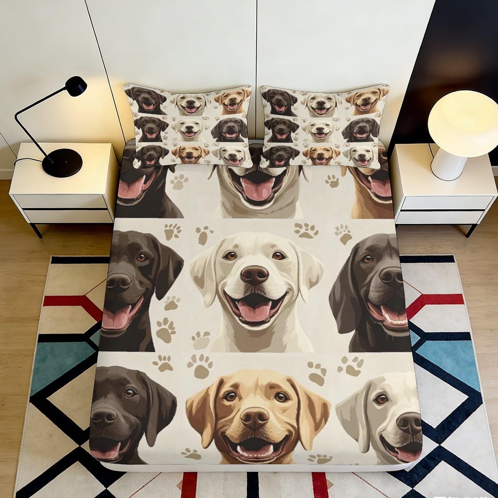 3D Printed Happy Labrador Fitted Sheet Microfiber Soft Breathable Dog Pattern Bed Cover for Bedroom Dormitory Guest Room Mattress Protection Decor 120x200x25cm