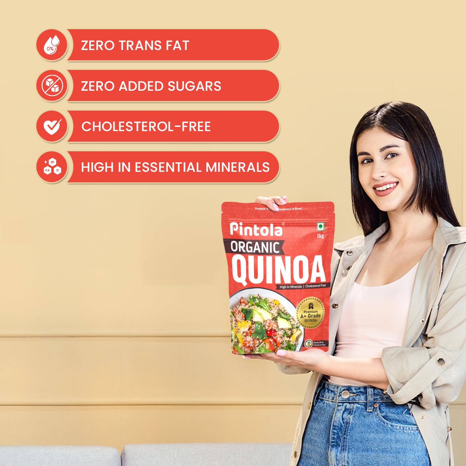 Pintola Organic Quinoa 1kg, Cereal for Breakfast, High in Protein & Dietry Fibre, Minerals, Cholesterol-Free, Gluten-Free Quinoa Seeds Diet Food for Weight Management (1kg) - Image 3 thumbnail