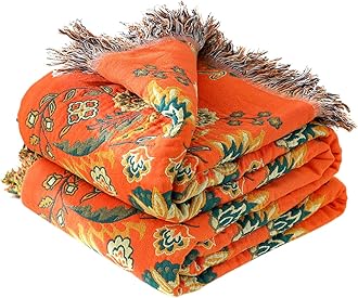 Boho Throw Blanket for Bed 100% Cotton Soft Lightweight Quilt Floral Embroidery Home Decor Breathable Bed Blankets,60"×80" Twin All Season Reversible Blankets for Sofa Couch Chair