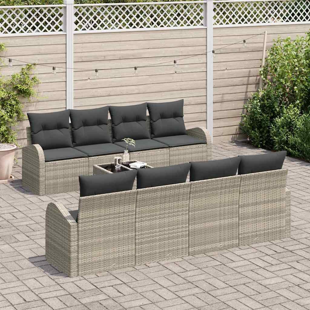Zestaw 9 sztuk jasnoszary i ciemnoszary | Modułowy polirattan, 4-osobowa centralna i 4 sofy z podłokietnikami, stół w zestawie, 234 x 62 x 69 cm