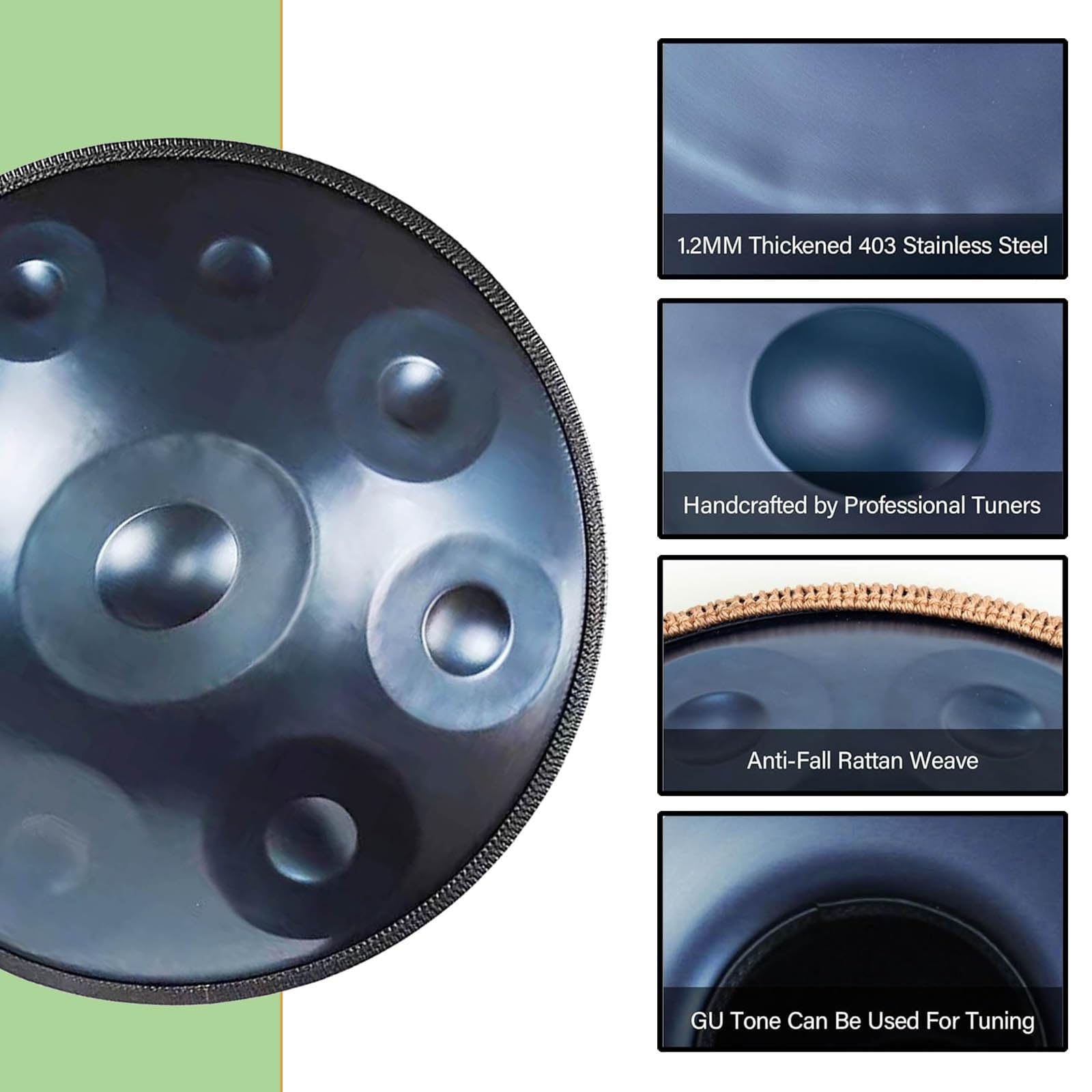 Handpan 55.8cm Tamburi a Mano in Re Minore 9/10/12 Note Strumento in Acciaio con Custodia, Bacchette, Suono 432Hz/440Hz per Meditazione, Musicoterapia(Blue,432HZ/12Note)