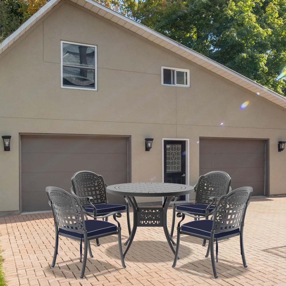 Cast Aluminum Patio Furniture Set with Black Frame and Blue Cushions for Outdoor Living Spaces