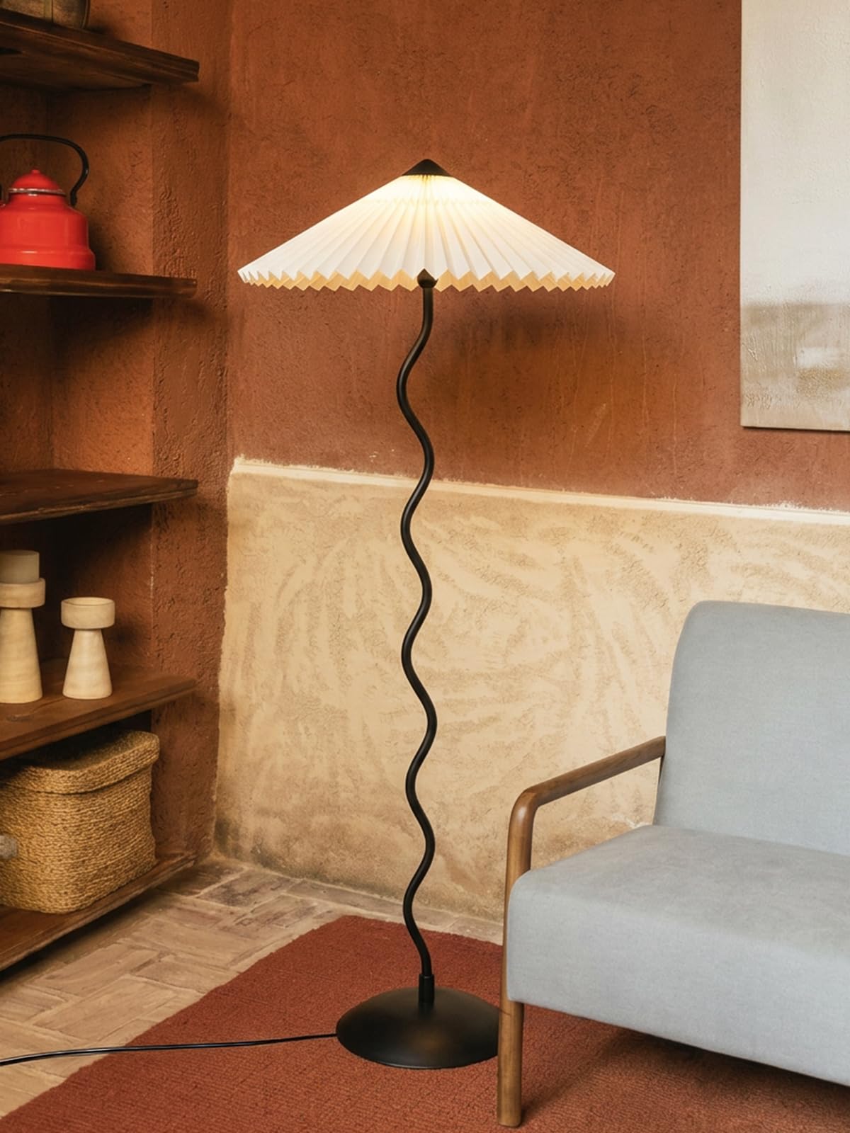 FIG Living Wavy Floor Lamp (Off White) | Handpleated Lampshade | Best for Home Decor, Living Room, Cafe & Restaurant | Minimalist Style | (Bulb not Included)-image-0