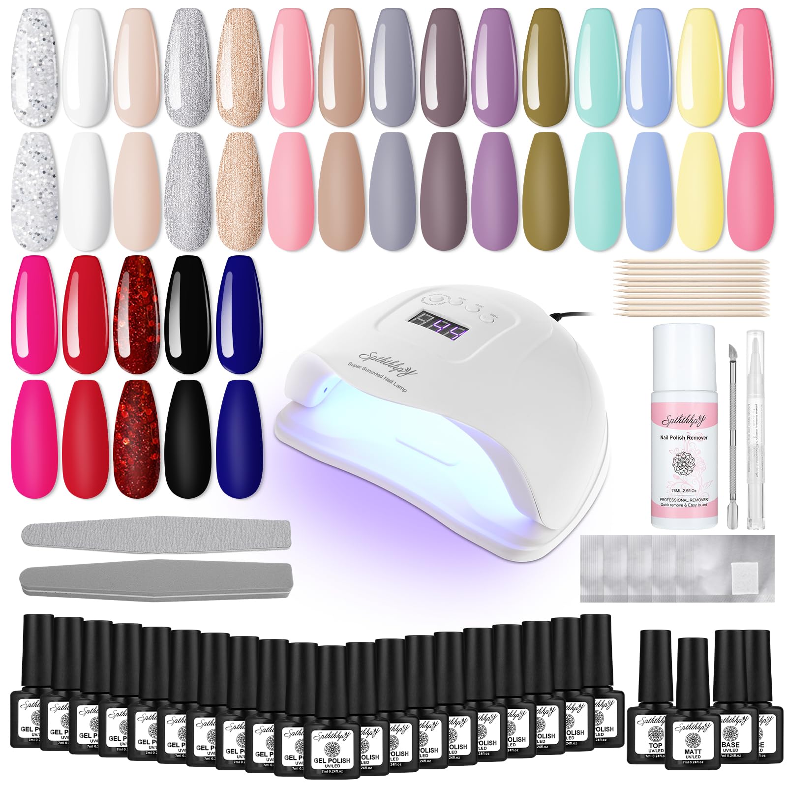 SPTHTHHPY 24 Gel Nail Polish with 128w Lamp Starter Kit - 75ml Nail Polish Remover, 20 Pcs Gel Nail Polish, Glossy & Matte Top, and 2 Base Coat - Salon Manicure Set for Beginner DIY at Home