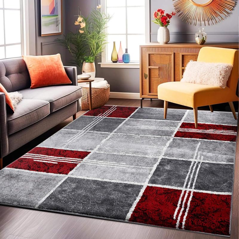 Box Rug – Large Washable Non-slip Carpet for living Room, Bedroom, Lounge Dining, Kitchen Thick Soft Indoor Floor Rugs (Red, 160x120 cm)