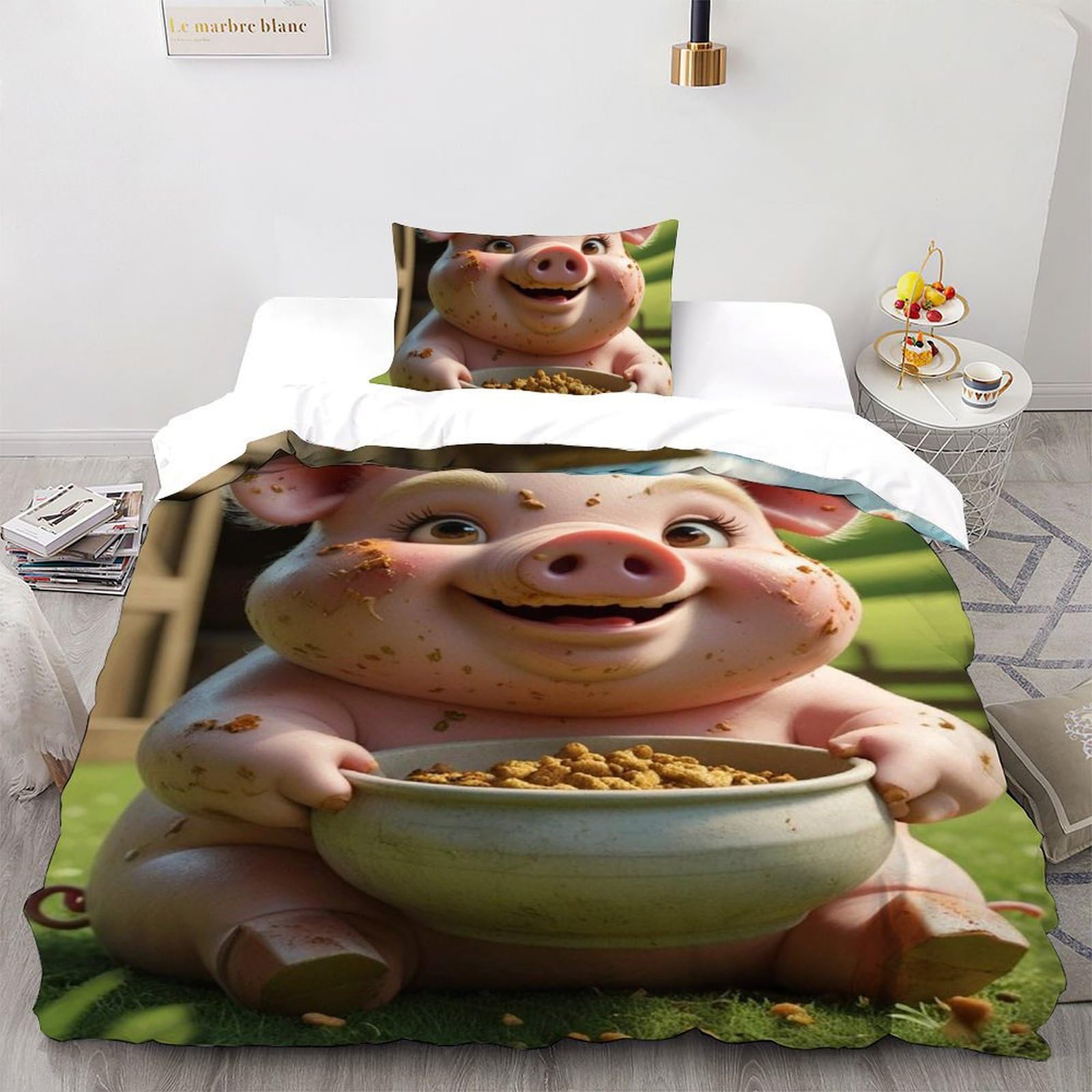 Housse de couette cochon literie microfibre facile à laver pour lit simple enfant 135x200