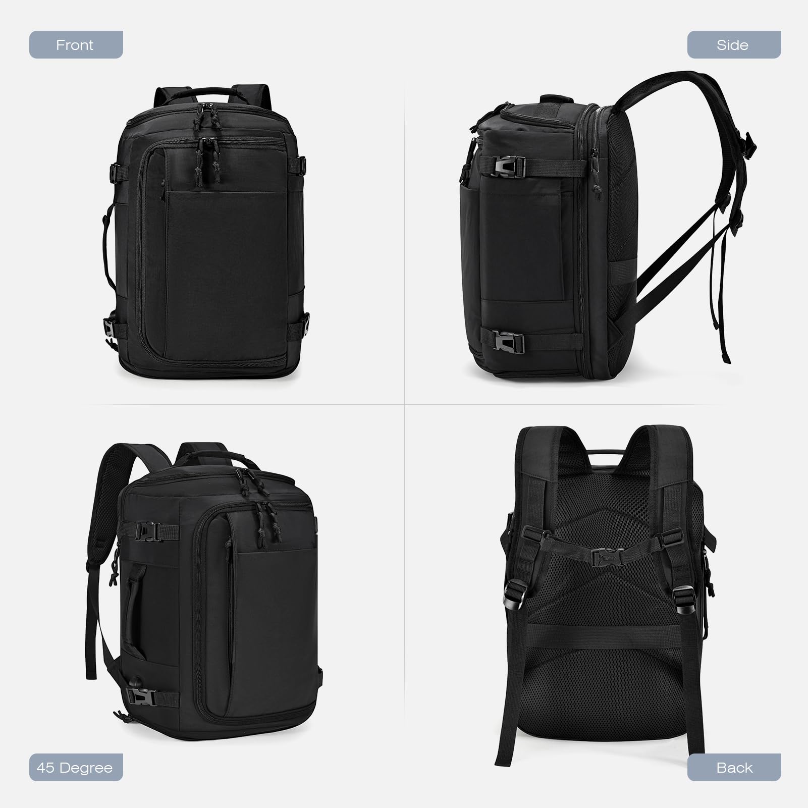 SPAHER Expandible Mochila Viaje Cabina Avión 40x30x15 British Airways 40x30x20 Ryanair Vueling Equipaje de Mano Mujer Hombres Mochila Portatil 15.6 Pulgadas con Puerto de Carga USB, Negro