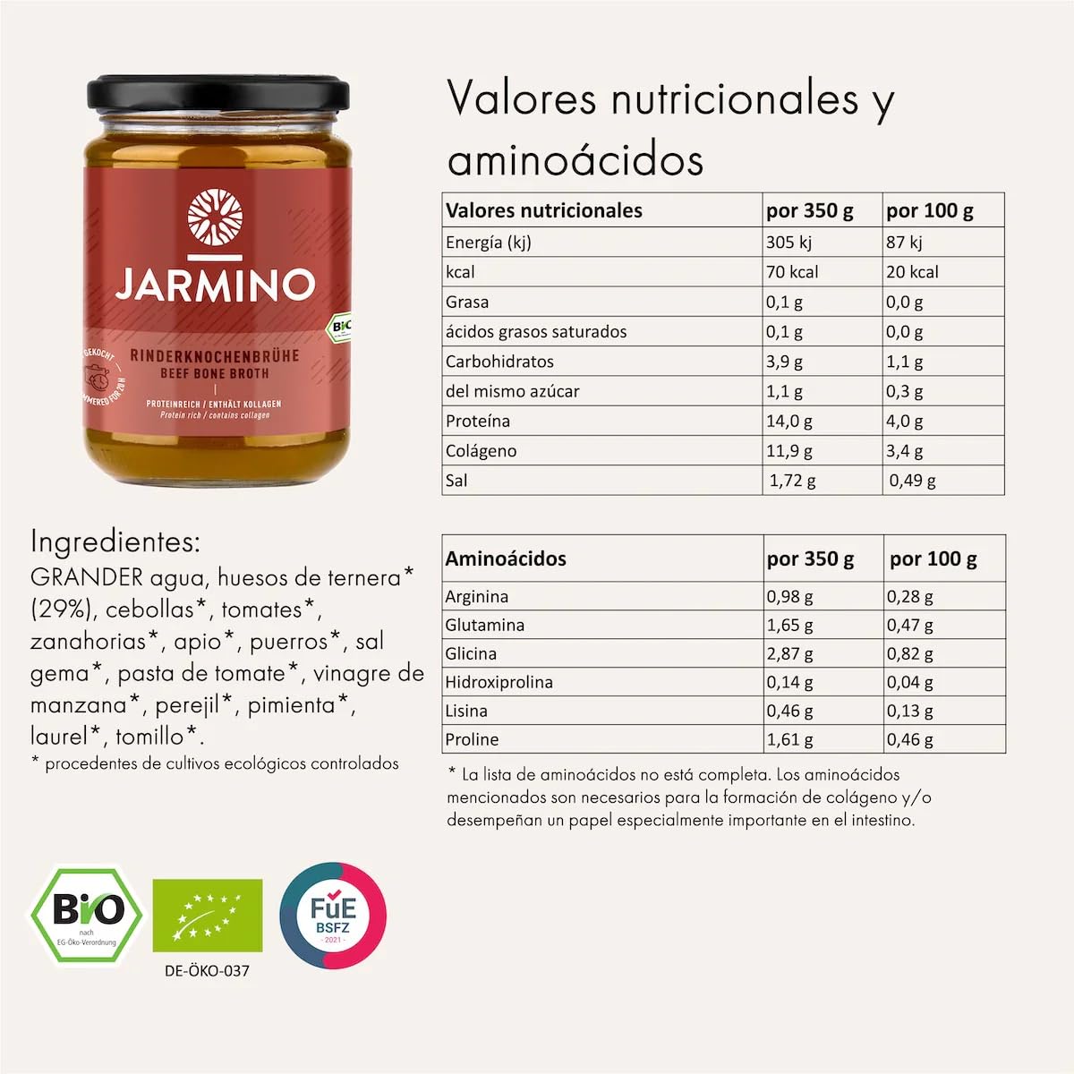 BONE BROTH caldo de hueso de carne ecológico en tarros / ganado alimentado con hierba / colágeno y ácido hialurónico naturales / caldo de hueso (4 x 350 ml)