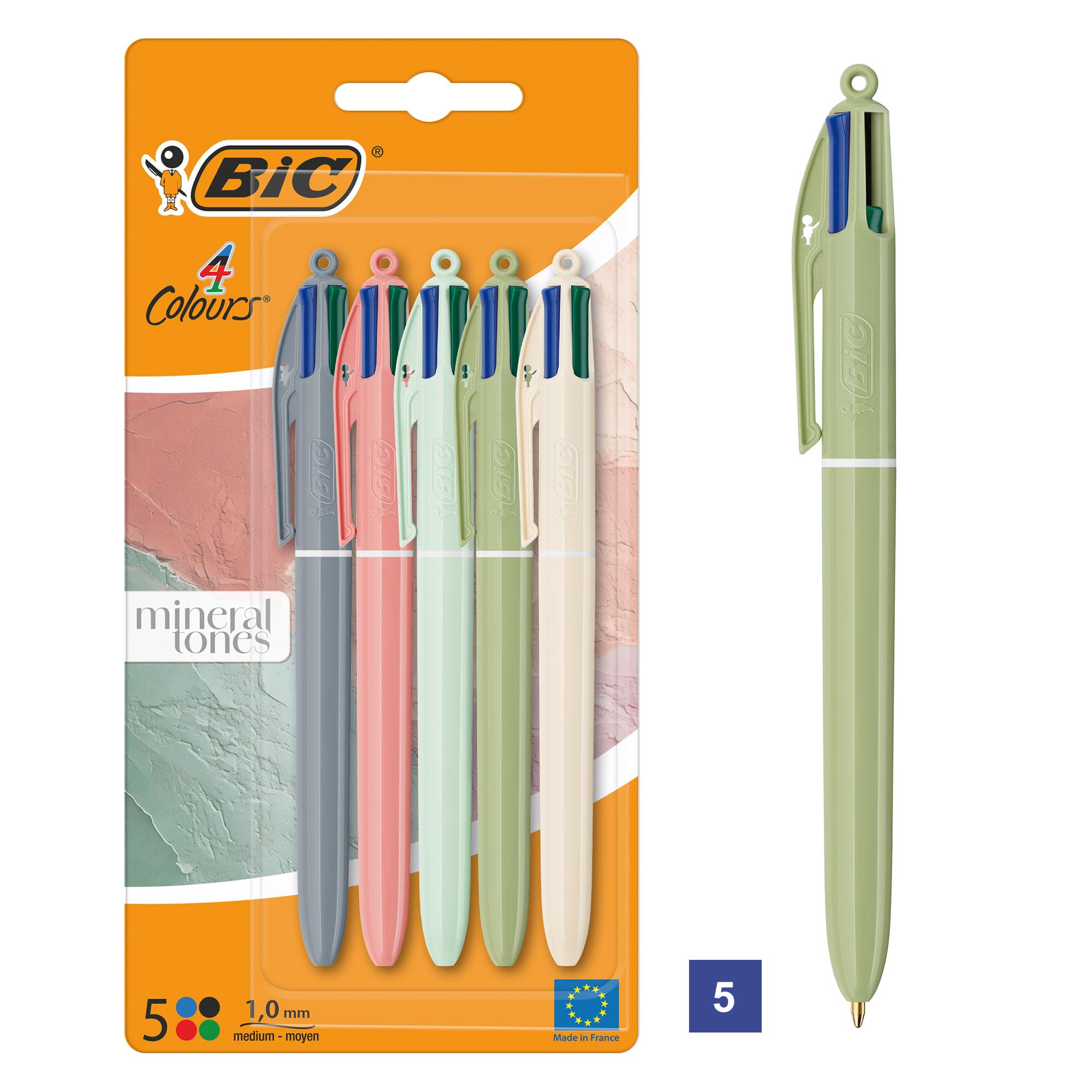 BIC Długopisy kulkowe w kolorze mineralnym, 4 kolory, średnia końcówka (1,00 mm) – różne kolory beczkowe, 5 sztuk