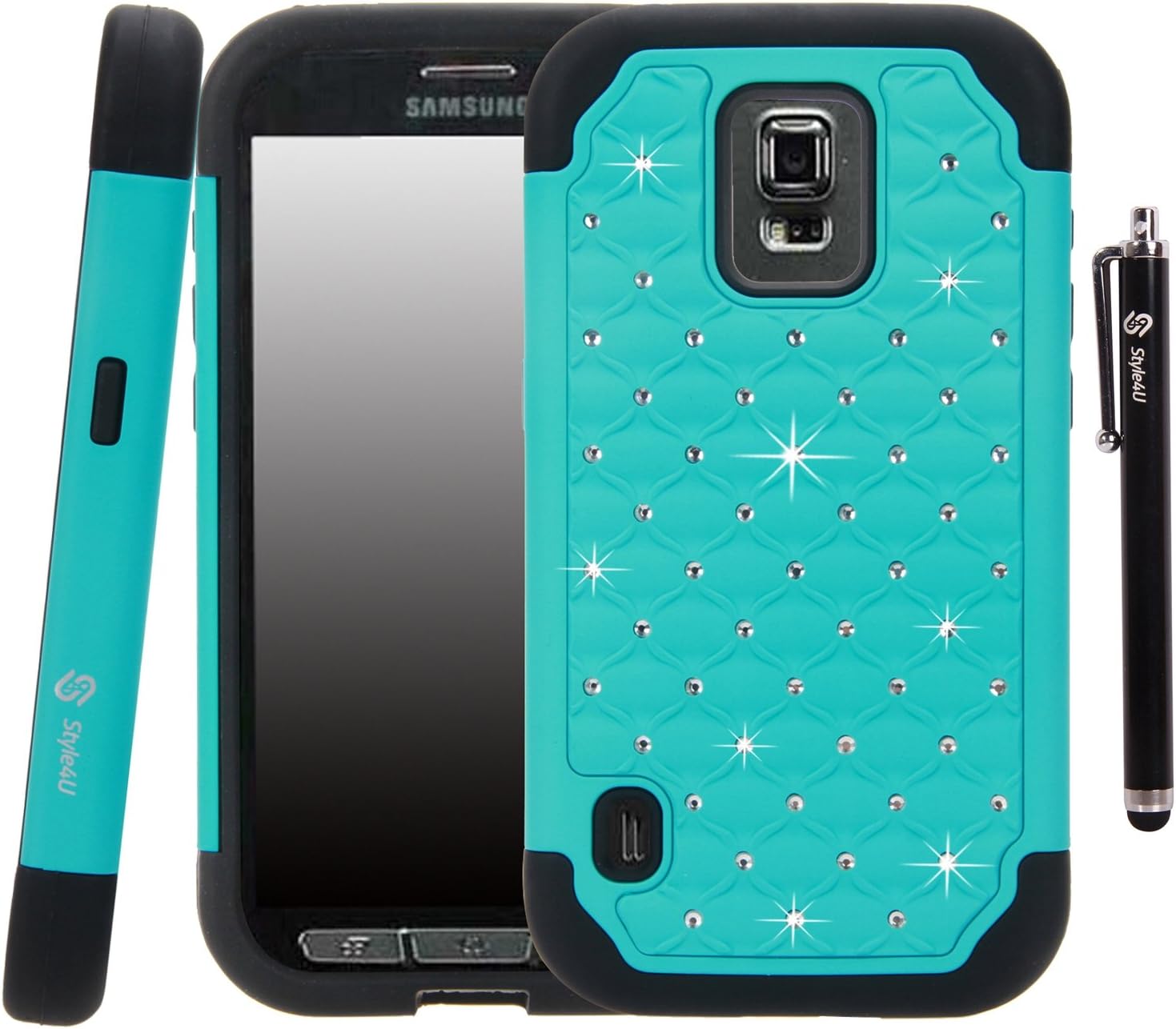 Galaxy S5 Active Case, Style4U Galaxy S5 Active Studded Rhinestone Crystal Bling Hybrid Armor Case Cover for Samsung Galaxy S5 Active G870 with 1 HD Screen Protector and 1 Stylus (Not for Samsung Galaxy S5) [Teal / Black]