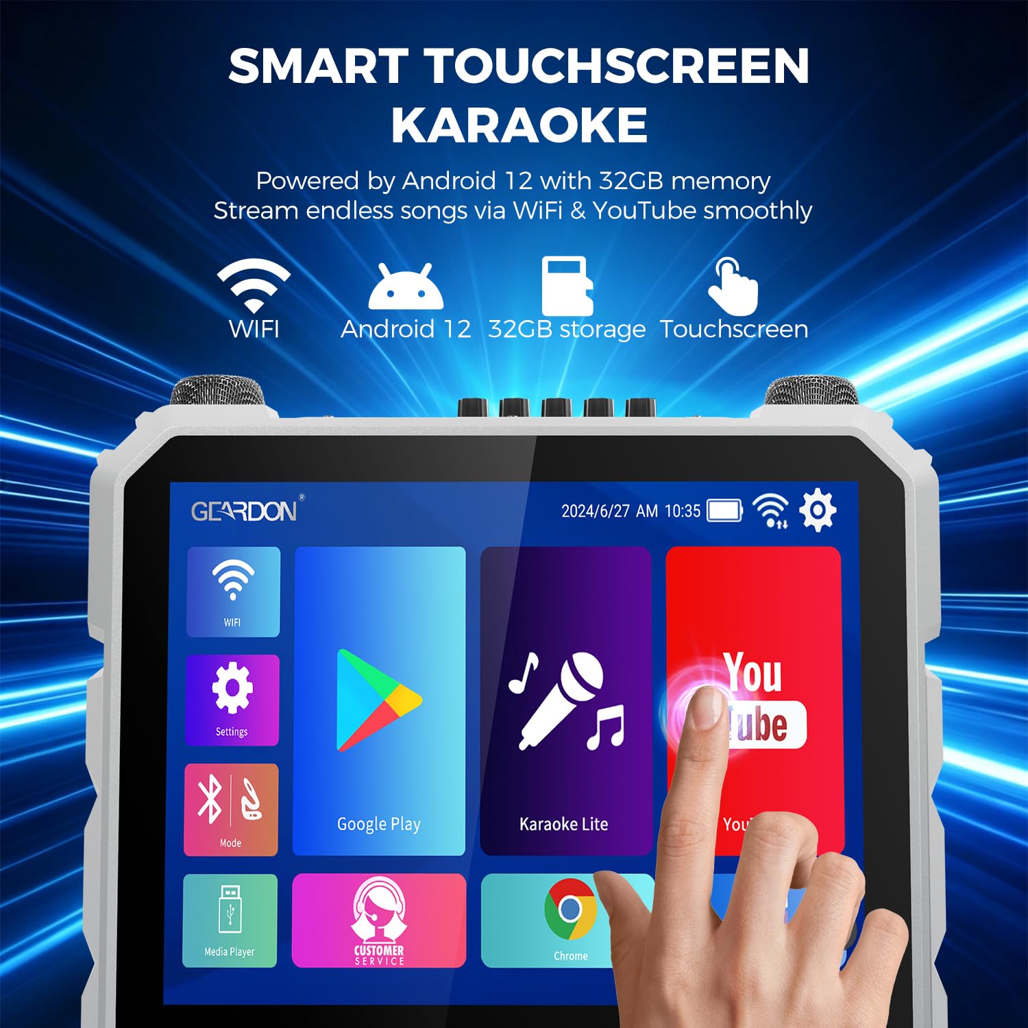 Máquina de karaoke con pantalla táctil Full HD de 15.6 pulgadas para adultos, pantalla de letras, sistema de karaoke inteligente, reproducción de video WiFi YouTube, 2 micrófonos inalámbricos