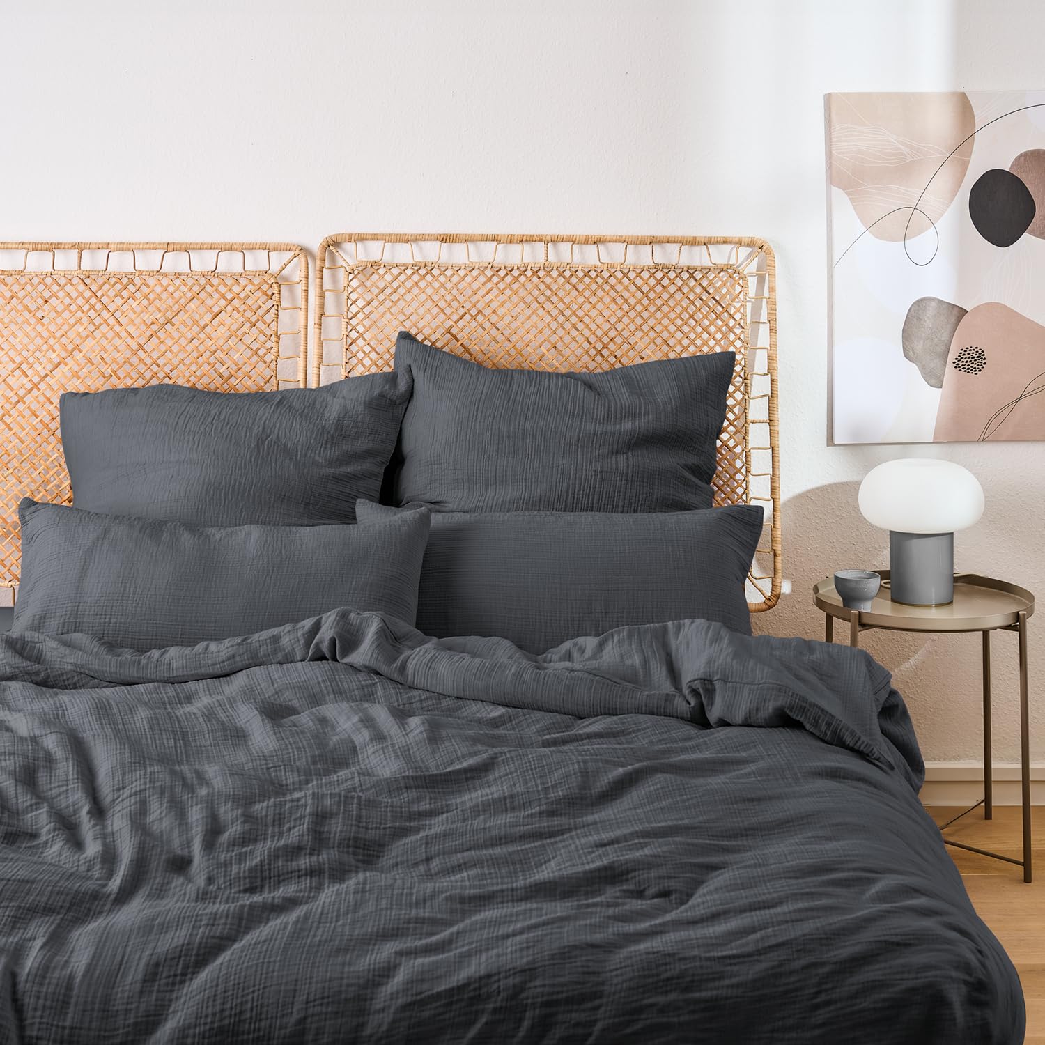 Blumtal Musselin Bettwäsche 155x220 cm + 80x80 cm - Oeko-TEX zert. Bettwäsche Musselin aus 100% Baumwolle - extra weiches Bettwäsche-Set waschbar bei 40 °C - Sommerbettwäsche Anthrazit