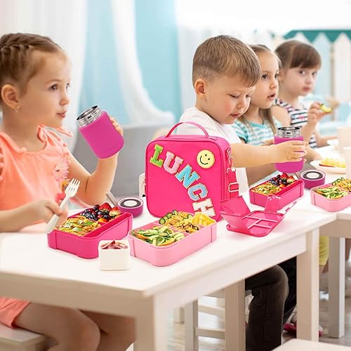 Miniatura 3 de Lonchera Bento para niños con tarro térmico de 10 onzas, recipientes de almuerzo a prueba de fugas con 6 compartimentos, bolsa de almuerzo de nailon