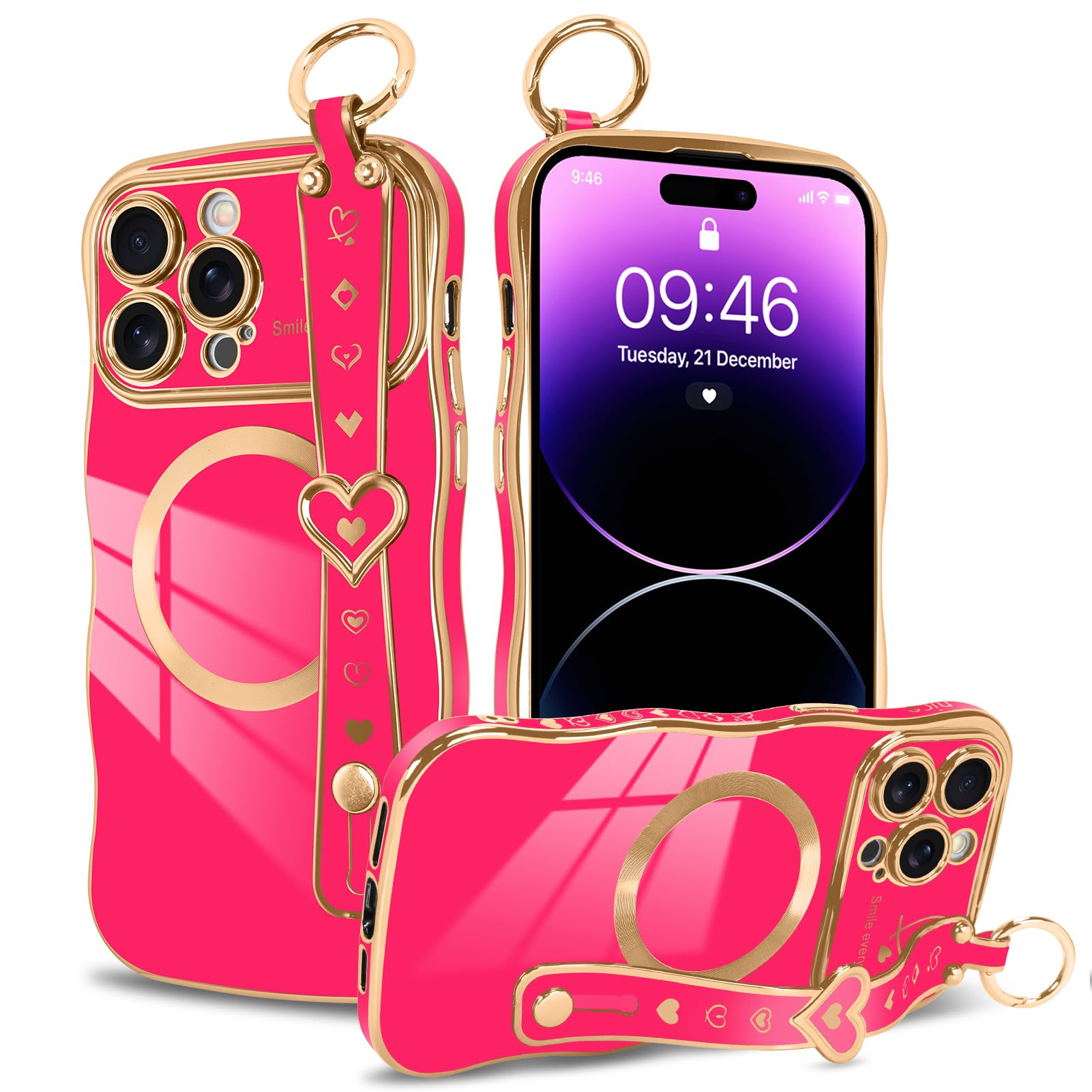 Fiyart for iPhone 14 Pro Max Case [Compatible with Magsafe] Wave Frame with Strap Cute Love Heart Plating for Women/Girls - with Raised Camera Protection Luxury TPU Phone Case (Hot Pink)