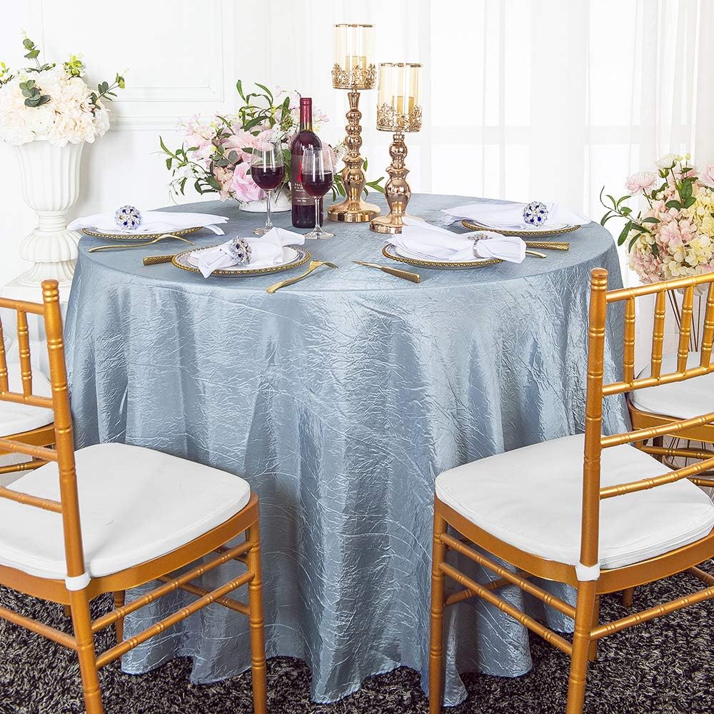 108 inch Round Crinkle Crushed Taffeta Tablecloths, Round Table Cover Linens for Round Banquet Tables - Dusty Blue