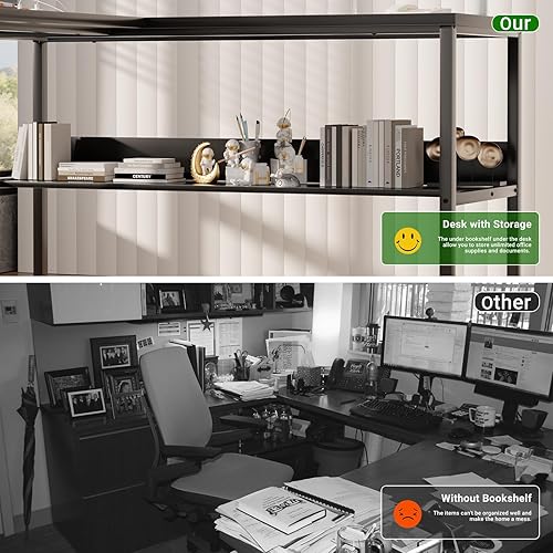 Miniatura 57 de Unikito Escritorio en forma de L con luz LED y toma de corriente, mesa de computadora de esquina reversible con soporte para monitor y estante de