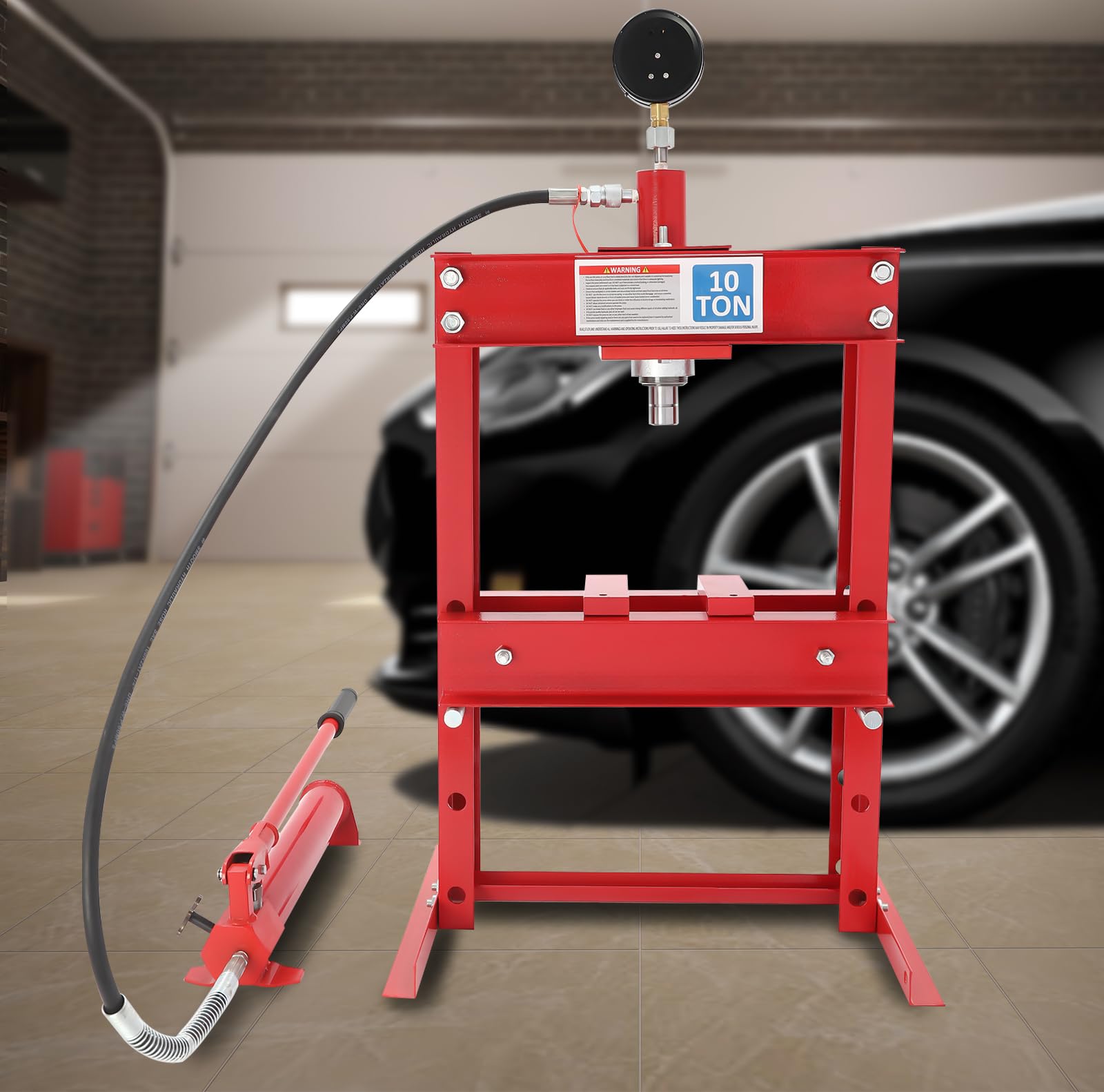 10 Ton H-Frame Hydraulic Shop Press, Heavy Duty Hydraulic Benchtop Press with Pressure Gauge, Height Adjustable Working Table for Mechanical Workshops, Garages, Basements