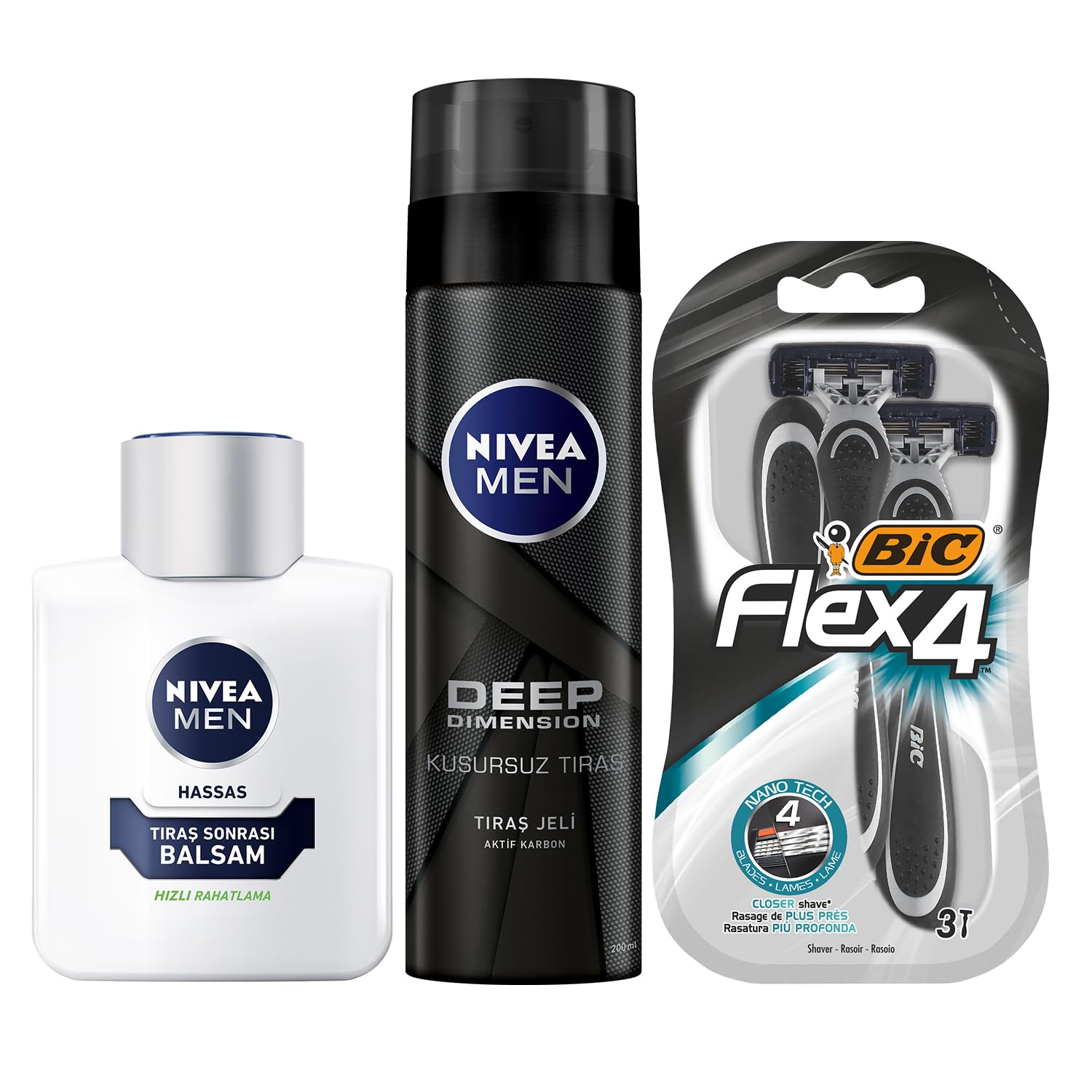 NIVEA MEN Erkek Hassas Tıraş Sonrası Balsam 100 ml, E Vitamini, Pro Vitamin, Alkolsüz, Hassas Ciltlere Özel + Tıraş Jeli Deep Dimension 200ml + BIC Flex 4 Erkek Tıraş Bıçağı 3'lü Blister (4 Bıçak)