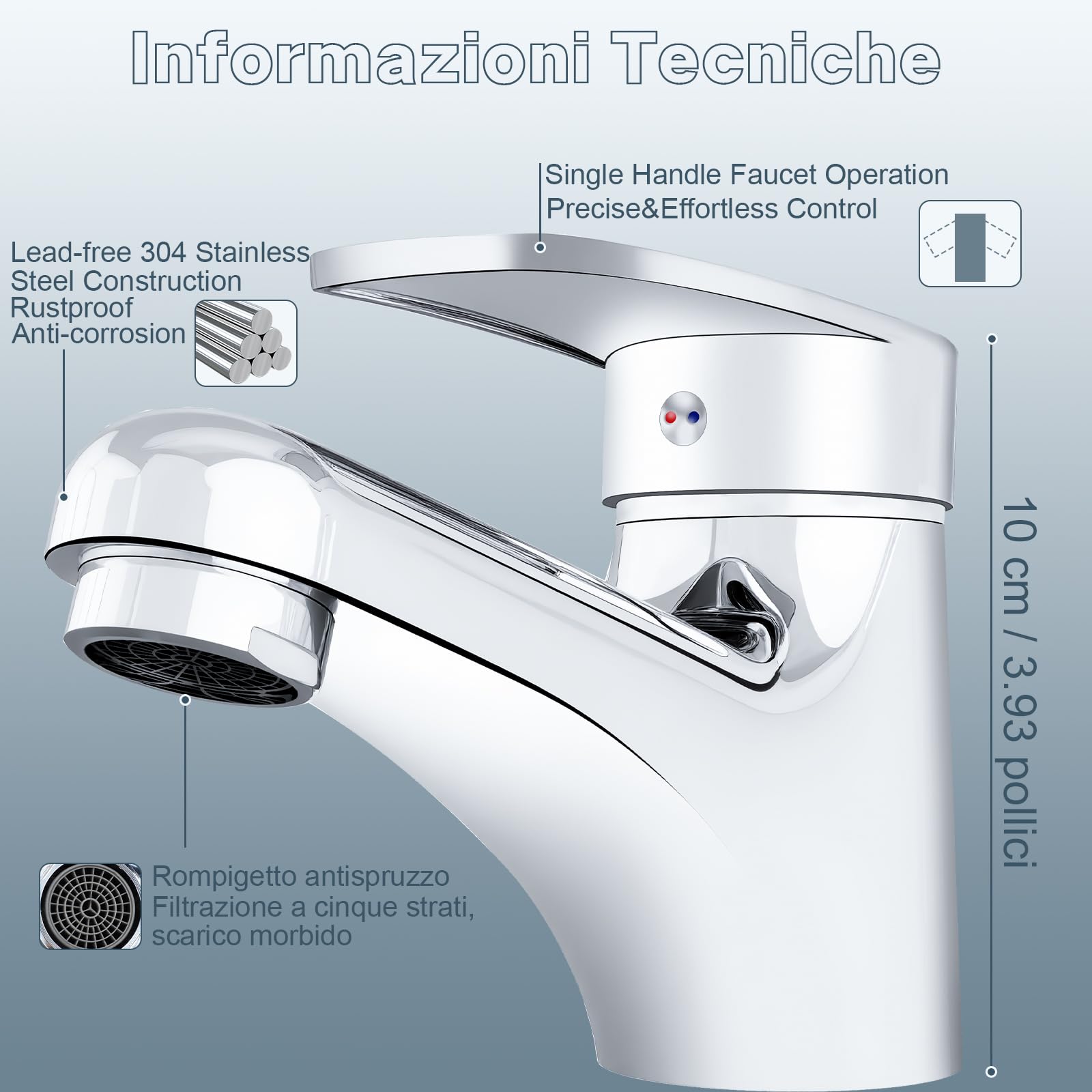 VOLTIX Rubinetto Bagno Lavabo Monocomando, Miscelatore Lavabo con Flessibili da 40cm, Rubinetto Bagno Cromato Facile da Installare, Design Moderno per Lavandini