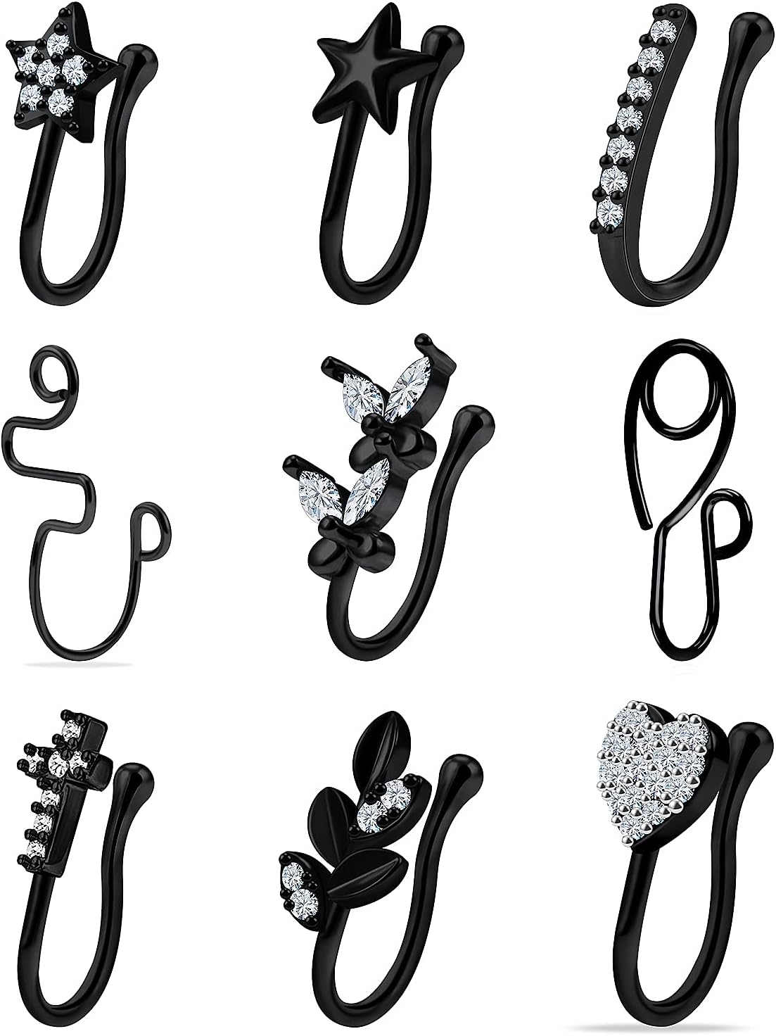 Vsnnsns Fake Nose Rings for Women Clip On Nose Ring Stainless Steel Nose Cuffs Faux Nose Ring Non Fake Nose Piercing for Women Men Black Rainbow Rose Gold 9PCS