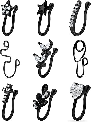 Vsnnsns Fake Nose Rings for Women Clip On Nose Ring Stainless Steel Nose Cuffs Faux Nose Ring Non Fake Nose Piercing for Women Men Black Rainbow Rose Gold 9PCS