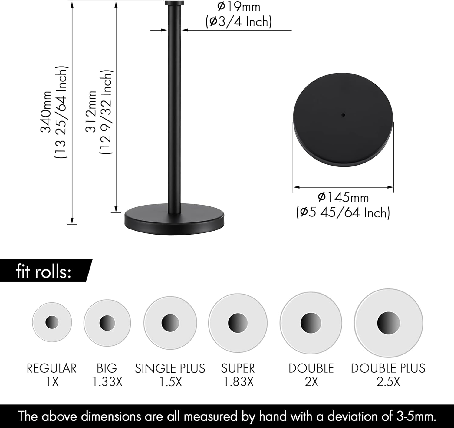 KES Black Paper Towel Holder Countertop Paper Towel Stand Kitchen Standing Paper Towel Roll Holder with Weighted Base for Standard or Mega Rolls SUS304 Stainless Steel Matte Black, KPH202S14B-BK
