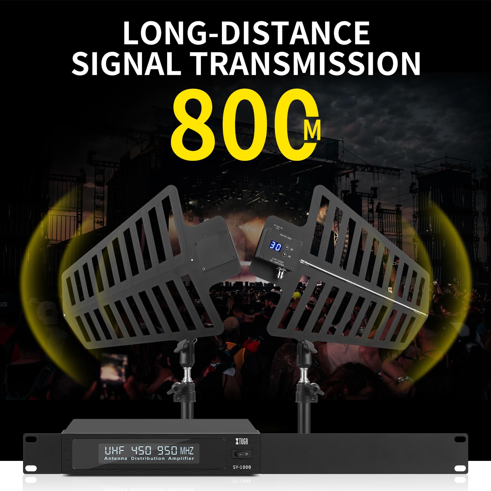 XTUGA SY-1000 Pro UHF Wireless Antenna Sistema di Distribuzione Bundle, Antenne Direzionali Attive con Supporto Lungo Raggio 792,5 m, per spettacoli teatrali, matrimoni, spettacoli dal vivo con