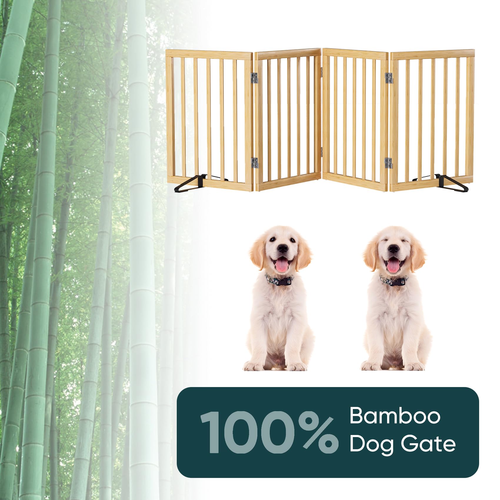 Semiocthome Freestanding Dog Gates and Barriers Indoor, Pet Gates for Doorways and Stairs, 60cm (H) - 4 Panels Puppy Gate with 2 Metals Stands, Adjustable Safety Fence Fit Up to 188cm - Natural — view 6