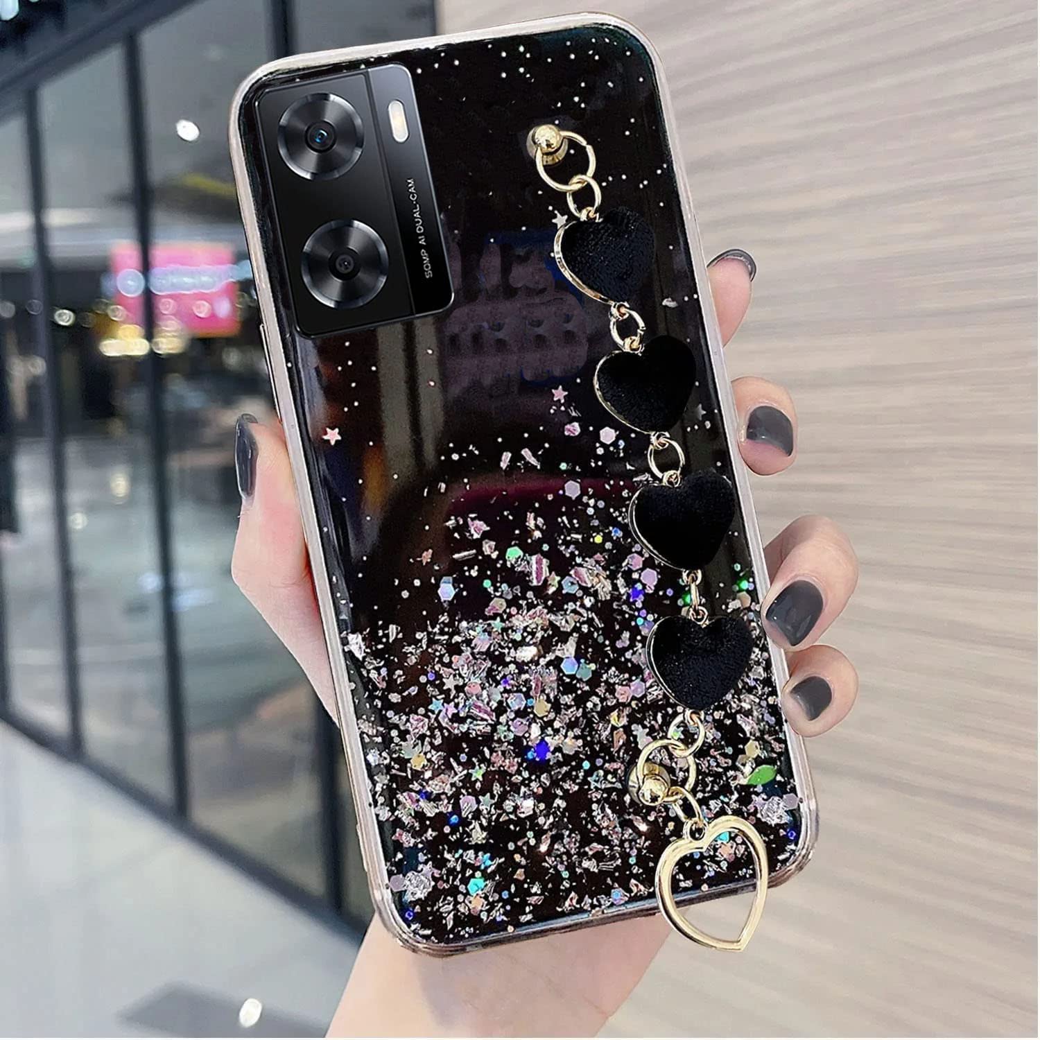 KC Back Cover for Oppo A57, Dry Fixed Non Movable Glitters Shiny Love Hearts Bracelet Chain Holder Soft Silicone Case (Black) (B0BR91LCB3) Amazon Price History, Amazon Price Tracker