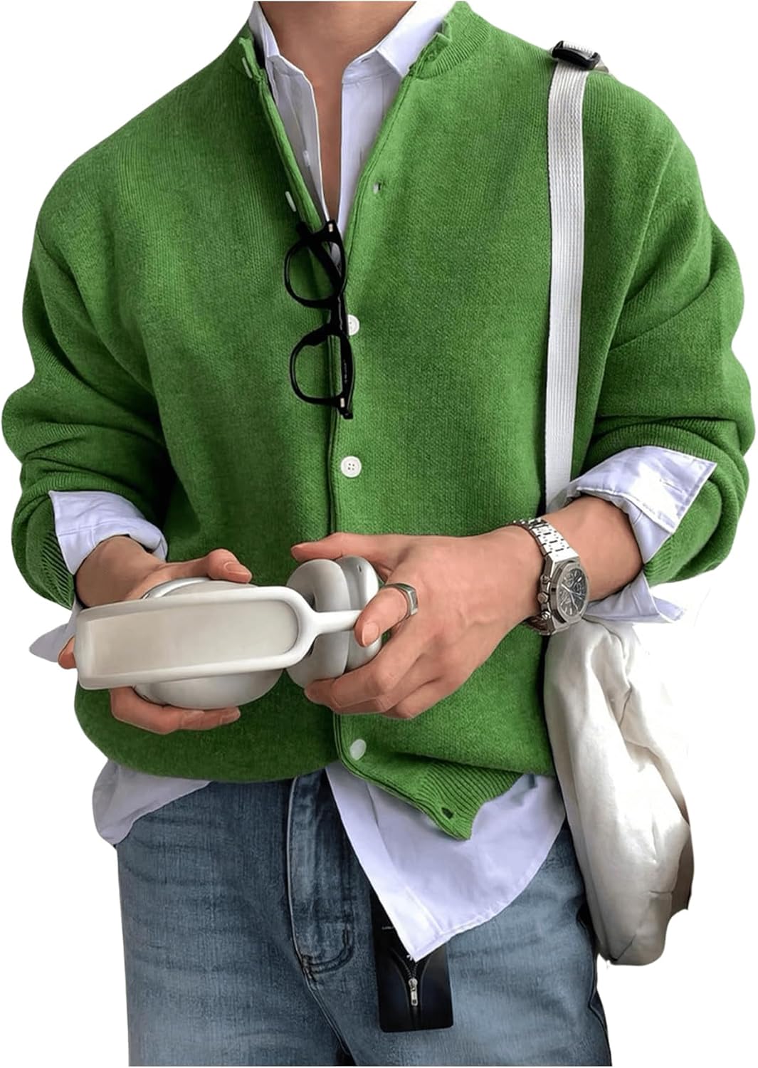 Floerns Men’s Drop Shoulder Long Sleeve Button Down Crewneck Cardigan Sweater