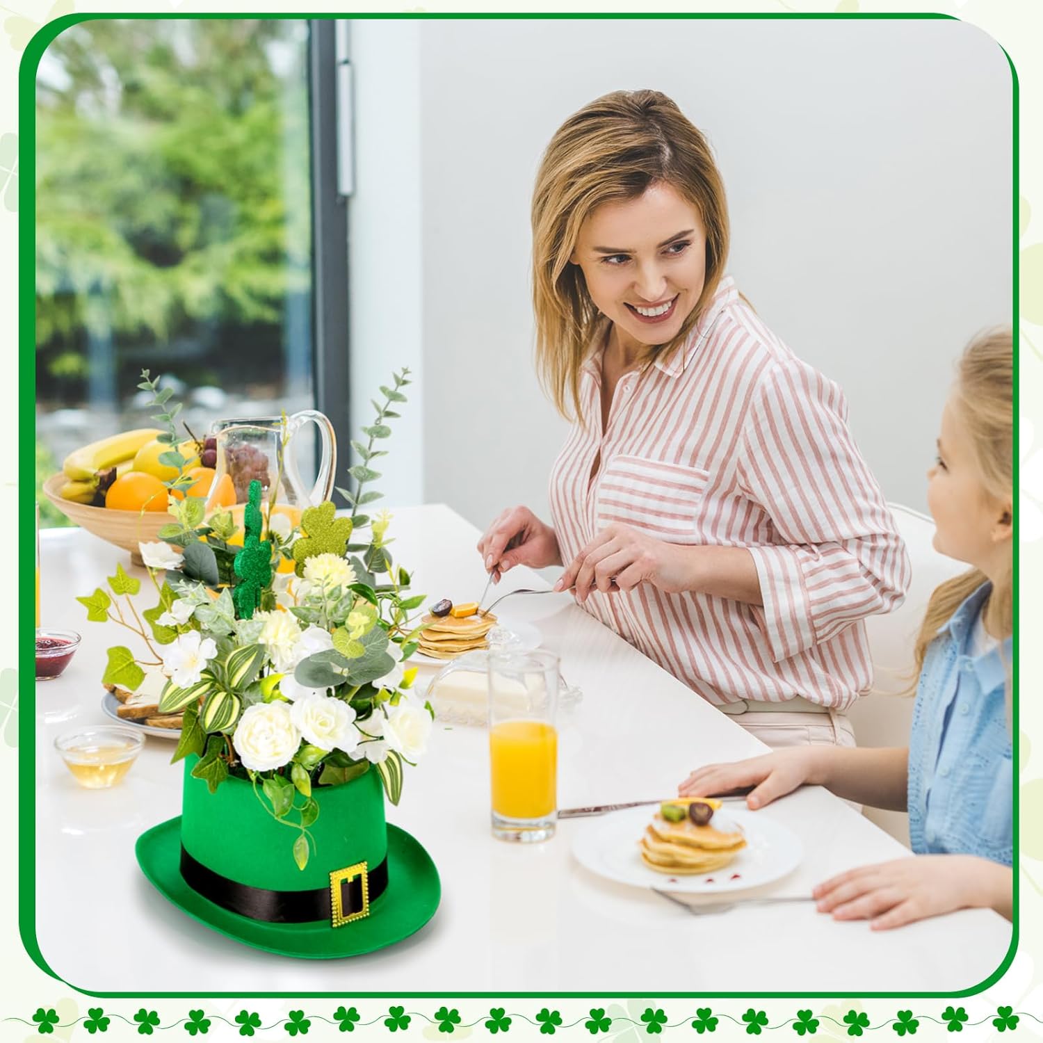 Hotop St. Patrick's Day Hat Flower Pot Set Irish Leprechaun Green High Top Hat Buckle Flower Arrangement Container Simulated Bouquet with Shamrock St. Patrick's Day Holiday Supplies