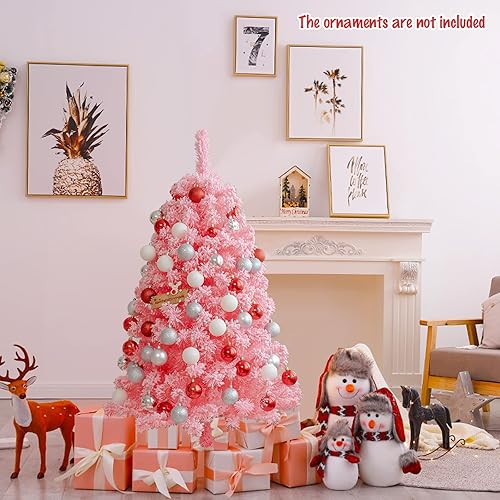 Miniatura 2 de Happygrill Árbol de Navidad rosa, árbol de decoración de Navidad de 4.5 pies con 348 puntas de PVC flocadas de nieve y soporte de metal, árbol