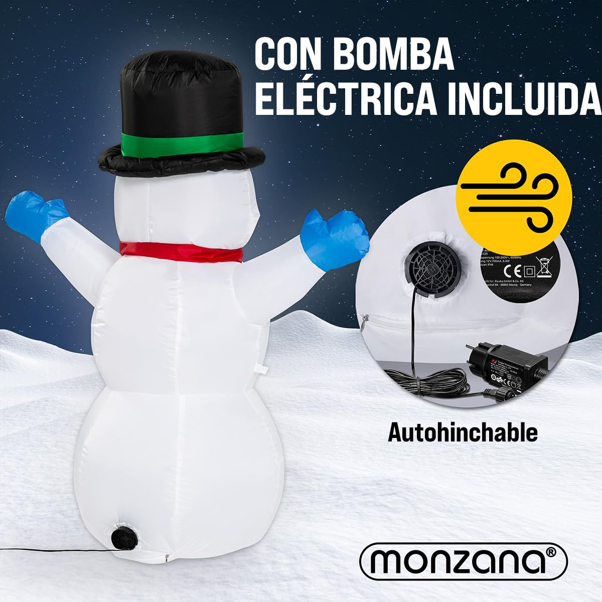 MONZANA® Muñeco de Nieve Inflable 120cm Luces LED Exterior Interior Decoración Navidad Incl. Bomba Eléctrica