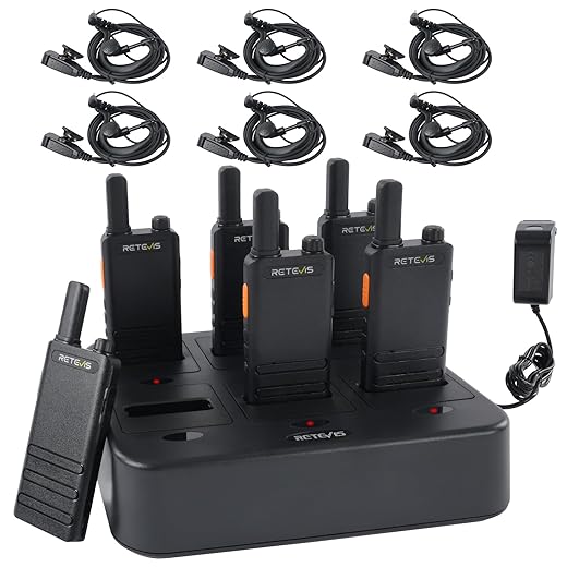 Retevis RT22P,New Version of RT22,Portable 2 Way Radio with Earpiece,1620mAh Battery,USB-C,Rechargeable Walkie Talkies(6 Pack) with 6 Way Multi Gang Charger,for Church Security School Warehouse