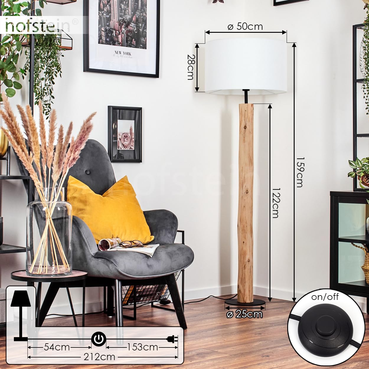 Lampada da terra Flemming, lampada da terra in legno/metallo/tessuto colori naturale/nero/bianco, design scandinavo con paralume rotondo (Ø 50 cm) e interruttore a pedale, E27, senza lampadina