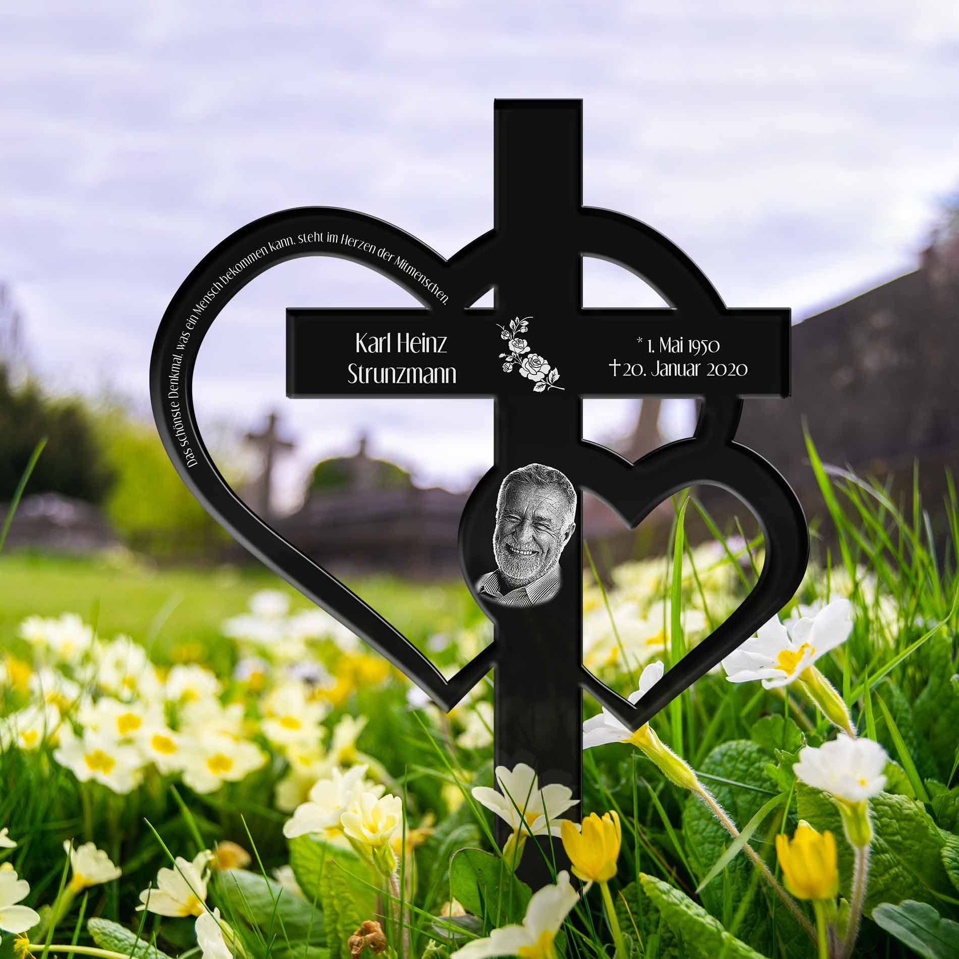 Großes Grabkreuz mit Gravur aus Hochglanz Acrylglas - Grabstecker Kreuz als wetterfester Grabschmuck mit Gravur - Grabdeko für Urnengrab Grab - schöne Trauer Deko Friedhof (Mit Motiven)