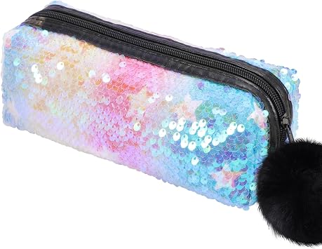 PHOGARY Sequin Preppy Pencil Case for Girls, Fluffy Zip Pull Pouch Bag Holographic Pen Case Sparkling School Stuff Shimmery Glitter Makeup Bag Blue, Pink