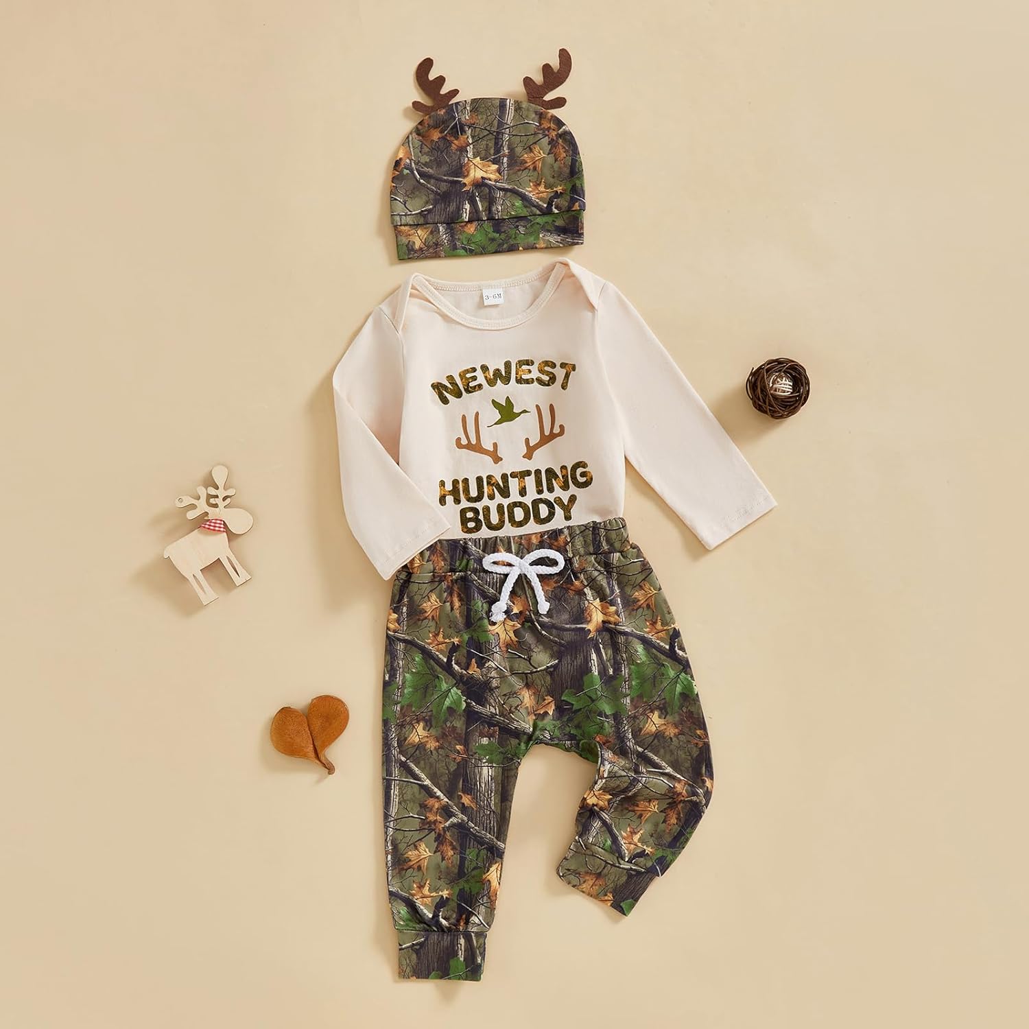 GOOCHEER Newborn Baby Boy Fall Outfit Hunting Deer Letter Long Sleeve Bubble Romper Shirt Pants Hat 3Pcs Infant Clothes Set - Image 2