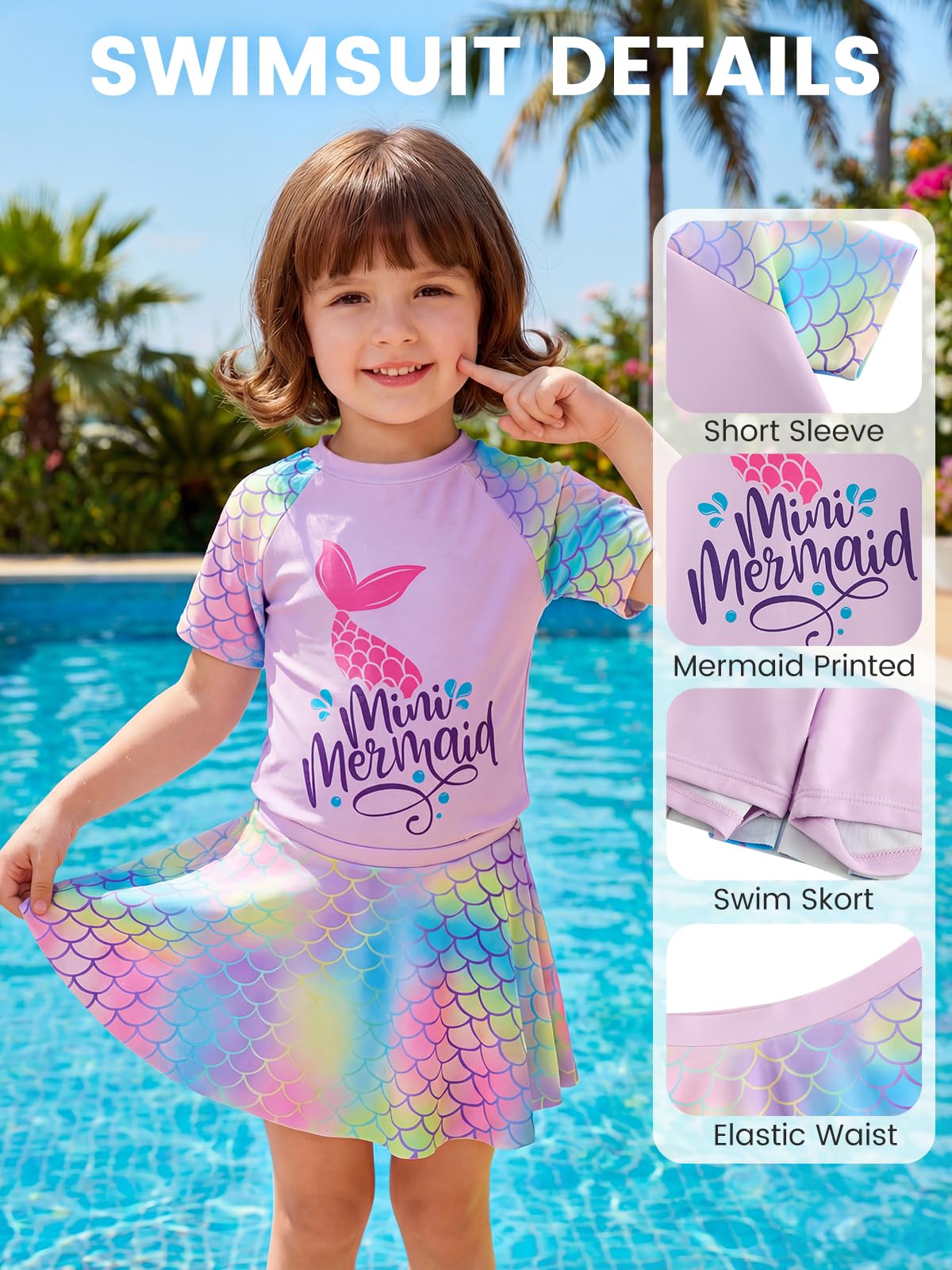 JiAmy Conjunto de traje de baño para niñas, camiseta de manga corta con pantalones cortos de natación con falda, degradado de escamas de peces, traje de baño de playa para niños de 3 a 8 años