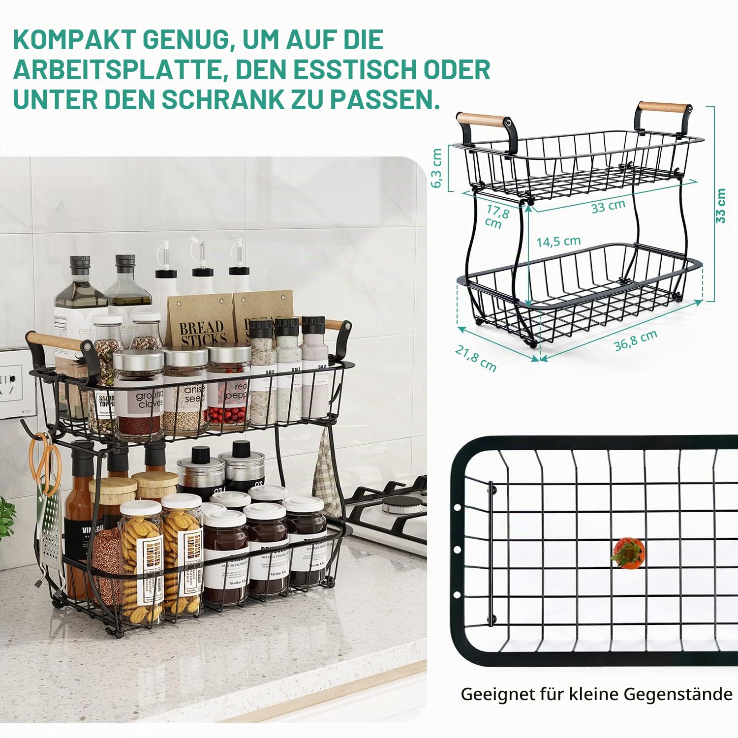 ANTOPY 2-stöckiger Obstkorb mit 2 Bananenbügeln, Obst-Gemüse-Korb für die Küchentheke, Metalldraht, Aufbewahrungskorb, Obstständer, Halter, Organizer für Brot, Snacks, Gemüse, Schwarz