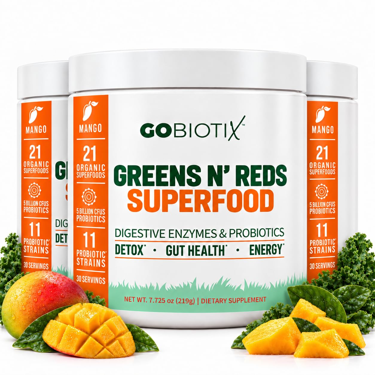 GOBIOTIX Super Greens Powder with Beet Root, Spirulina, Moringa &amp; Chlorella – Probiotics, Enzymes &amp; 21 Superfoods – Zero Sugar, Vegan, Non-GMO – 90 Servings, 3-Pack (Mango)