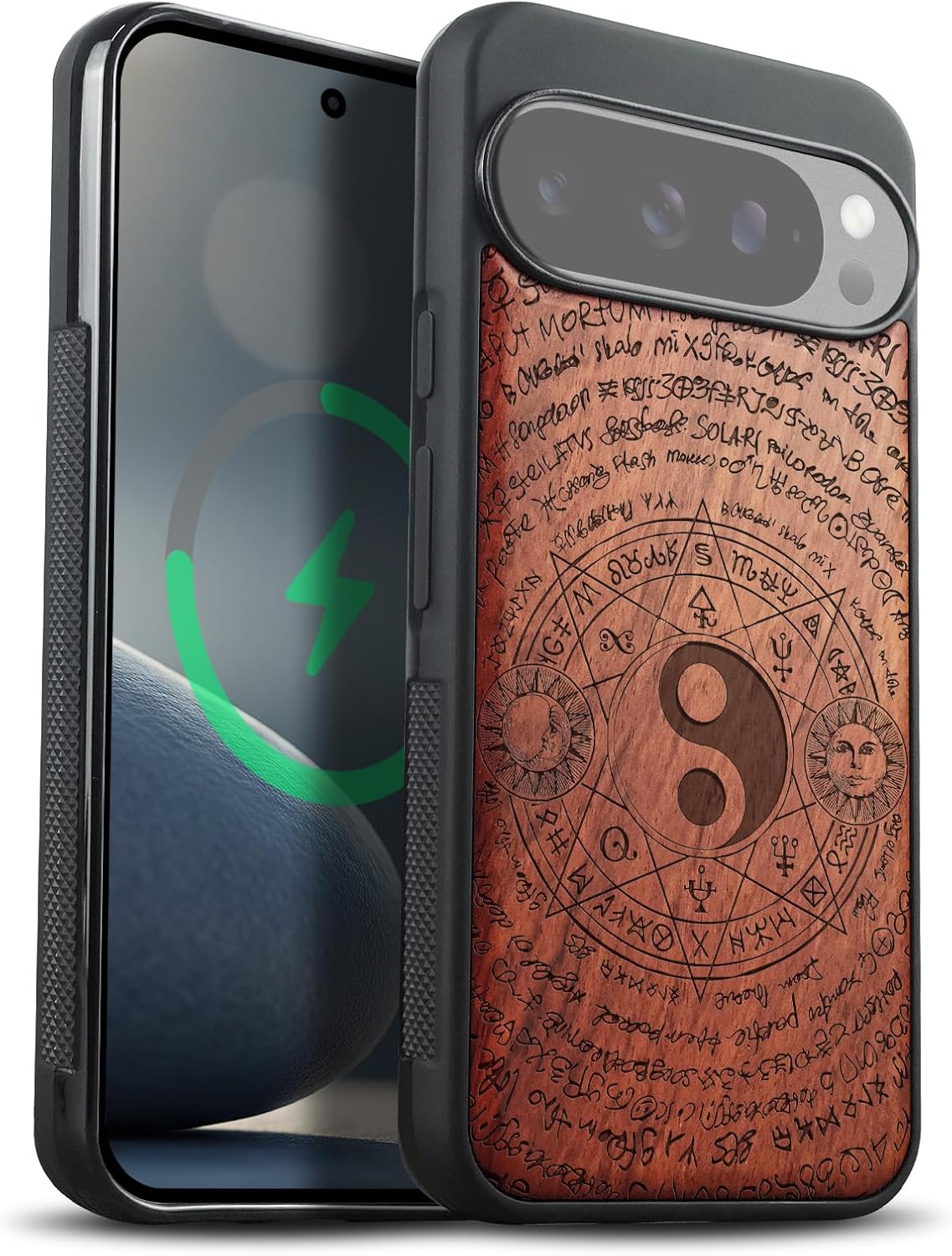 Carveit Magnetic Wooden Case for Google Pixel 10 Pro XL Case, Wood Artisan Engraved & Soft TPU Shockproof Cover, Compatible with MagSafe Wireless Chargers (Forest and Waterfall) Walnut